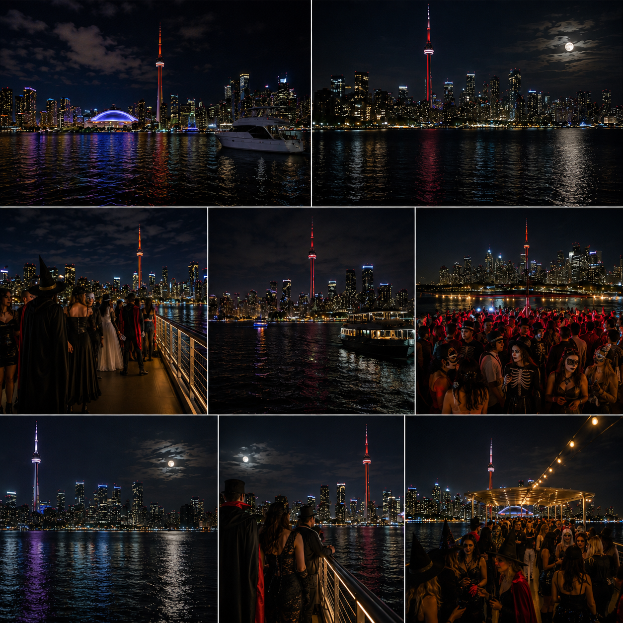 Toronto Night Views with Moon and halloween costumes